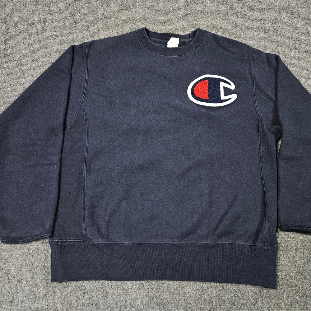 Champion Big Logo Sweatshirt Mens M Navy Blue Reverse Weave Pullover 2000s Y2K
